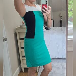 Banana Republic Teal, Black, & White Color Block Dress